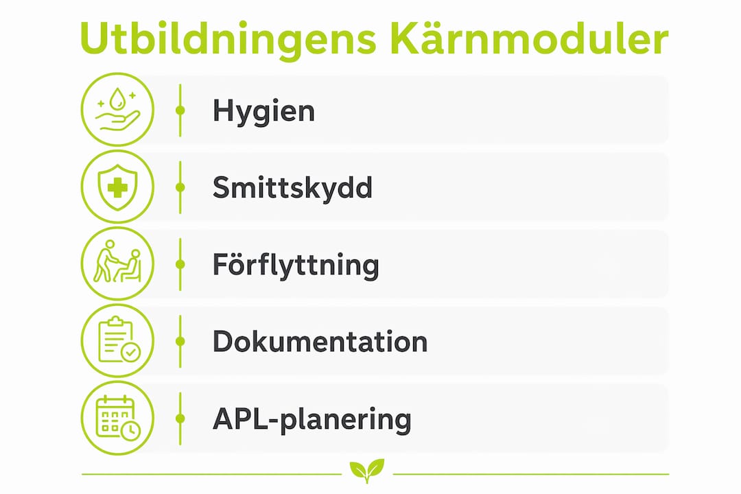 Översiktlig infografik över utbildningens huvudmoment inom vård och omsorg