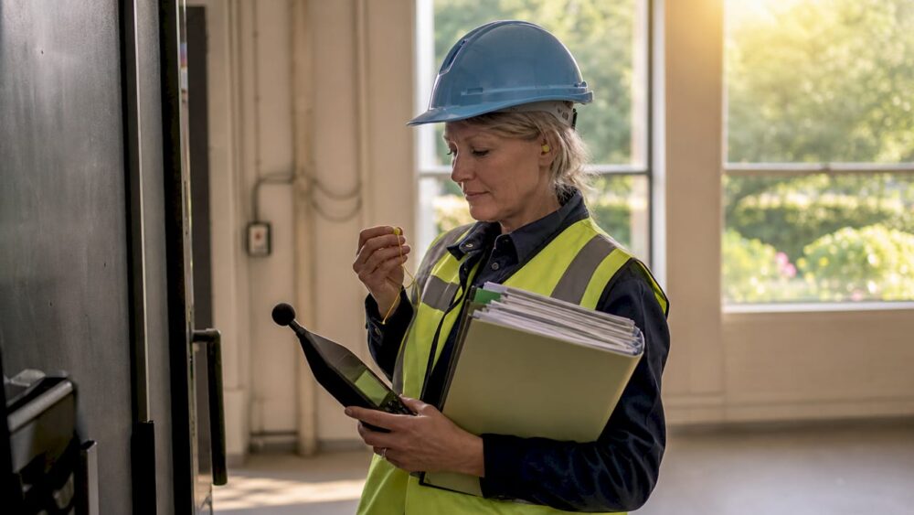 En företagshälsovårdsspecialist genomför ljudmätningar på fabriken för att kontrollera bullernivåerna.