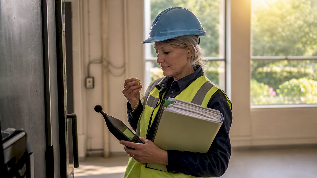 En företagshälsovårdsspecialist genomför ljudmätningar på fabriken för att kontrollera bullernivåerna.