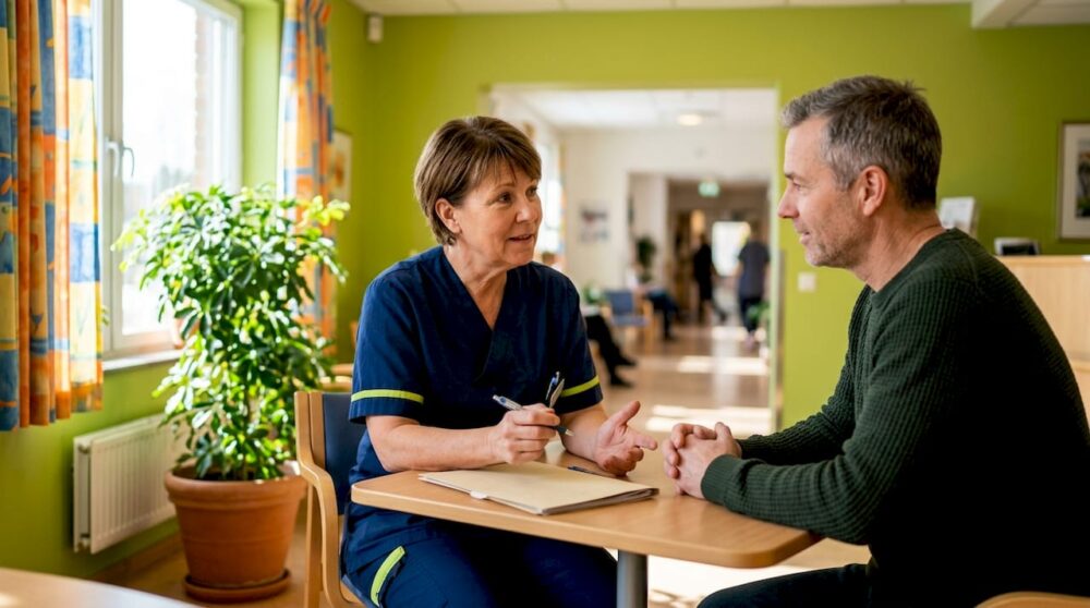 Sjuksköterskan diskuterar en hälsoplan tillsammans med patienten.