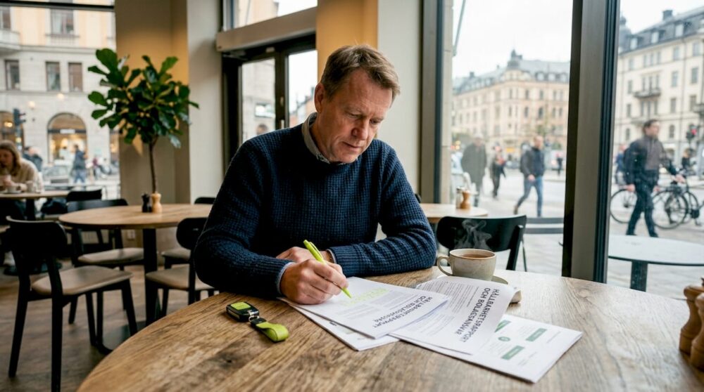 En företagare går noggrant igenom ansvarshandlingar vid sitt skrivbord.