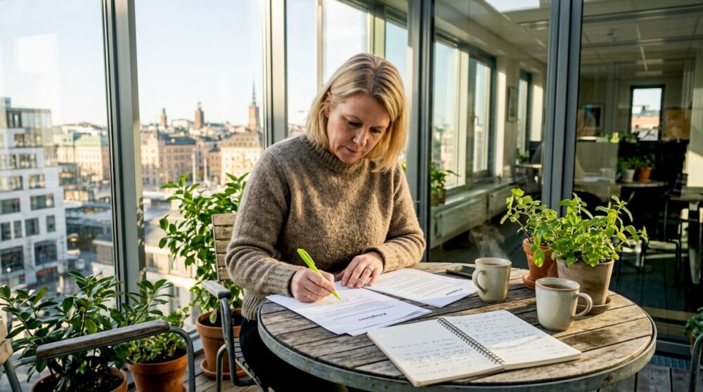 En kvinna går igenom krisplanen och gör egna anteckningar.