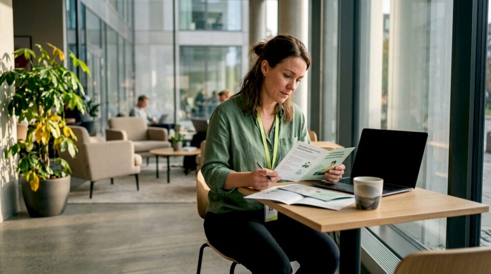 HR-specialist som går igenom broschyrer om hälsofrämjande aktiviteter