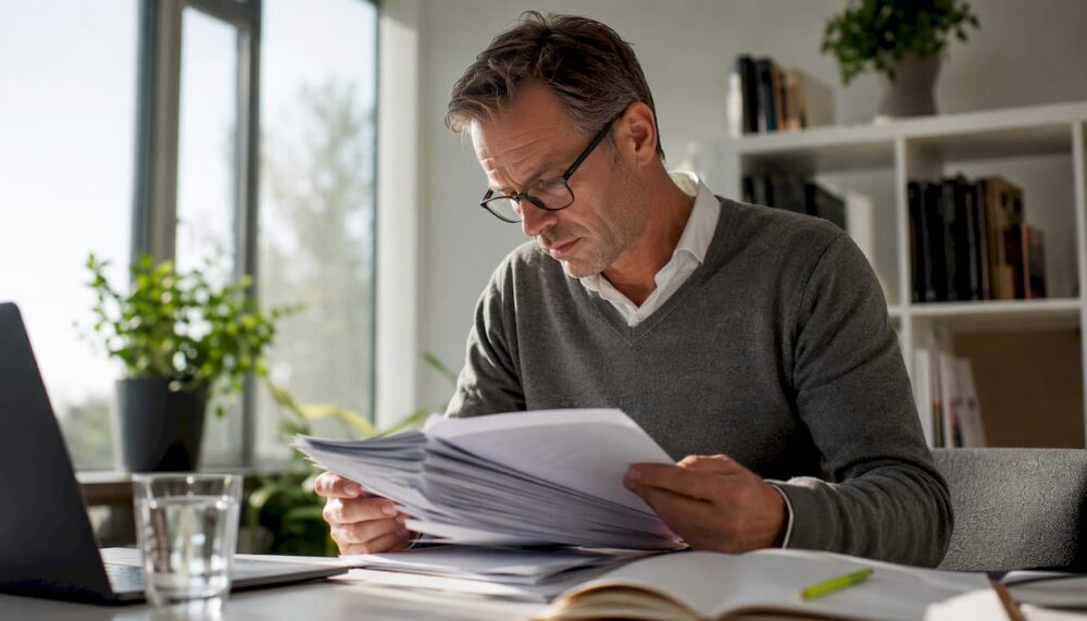 En man sitter vid köksbordet och går igenom papper om sina rättigheter på jobbet.