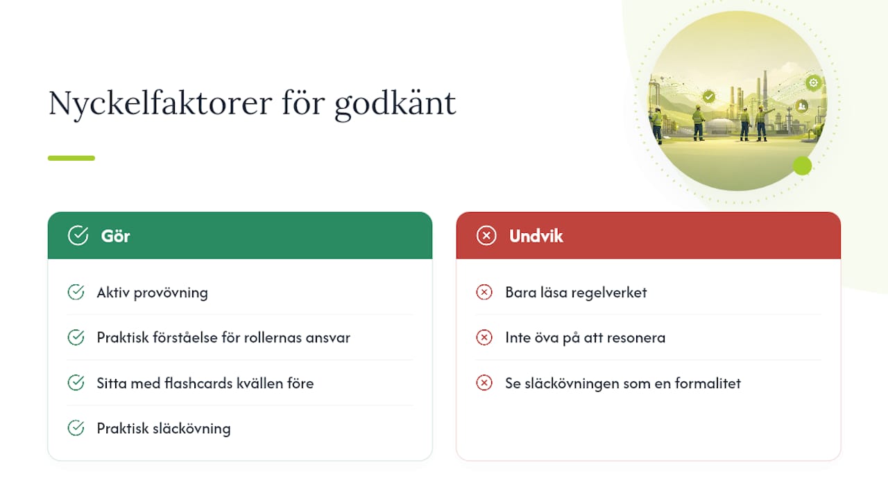 Illustration som visar de viktigaste faktorerna för att klara provet i Heta Arbeten