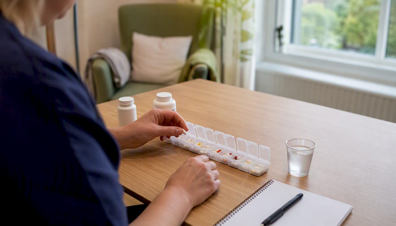 Omsorgspersonal sorterar mediciner på bricka inför utdelning till äldre.