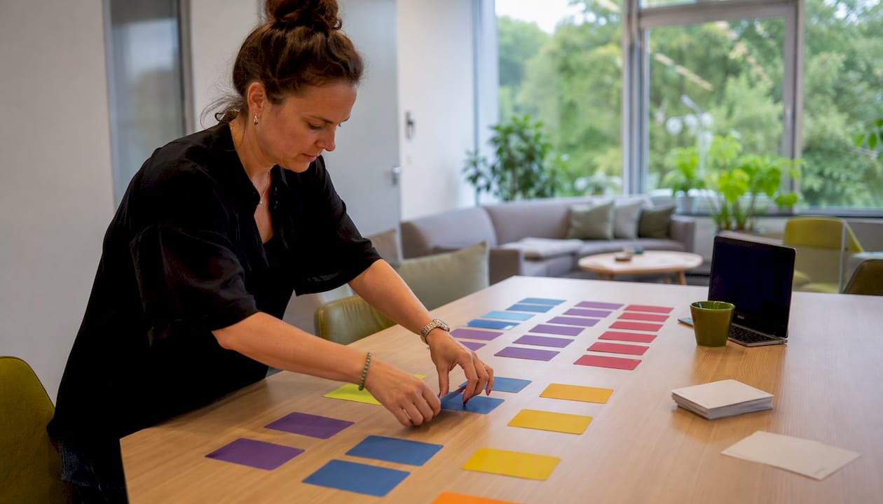 Händer som lägger upp kommunikationskort inför en ledarskapsutbildning