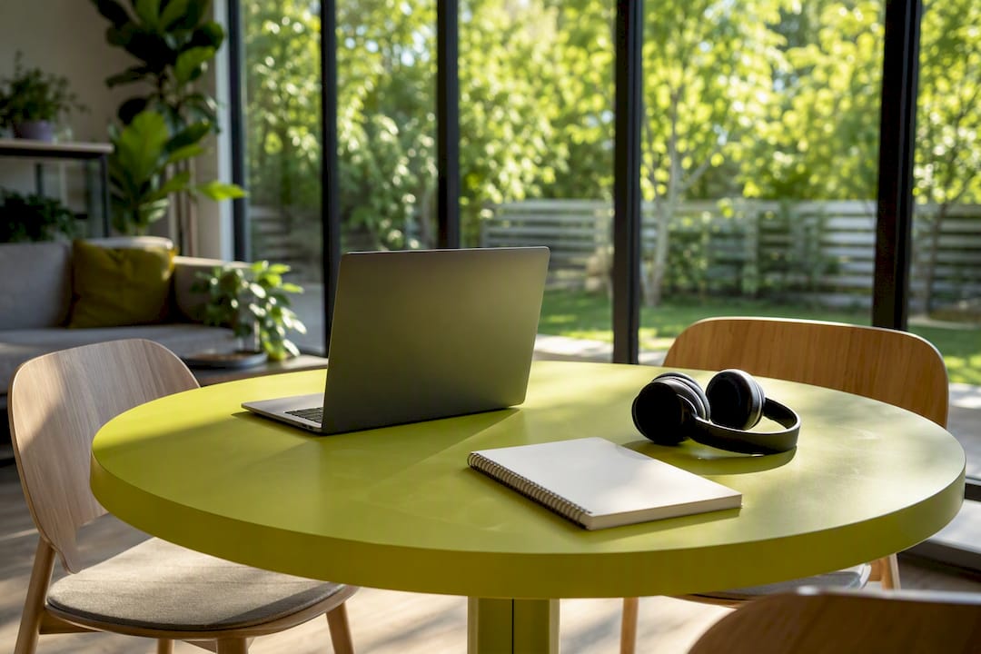En hemarbetsplats med laptop och headset, perfekt för distansstudier