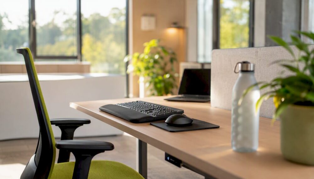 En arbetsplats på kontoret som är ergonomiskt utformad och utrustad med stödjande tillbehör.