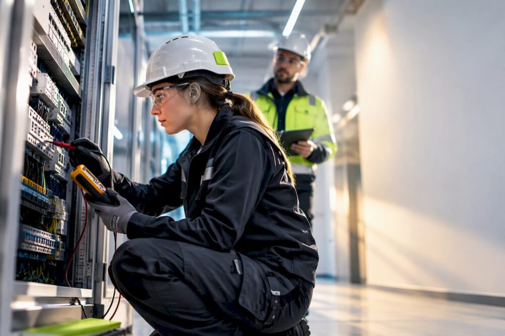 Elektriker kontrollerar elinstallationen inför arbetet