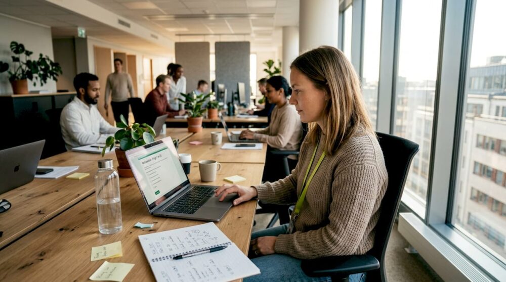 En kvinna fyller i en digital medarbetarenkät