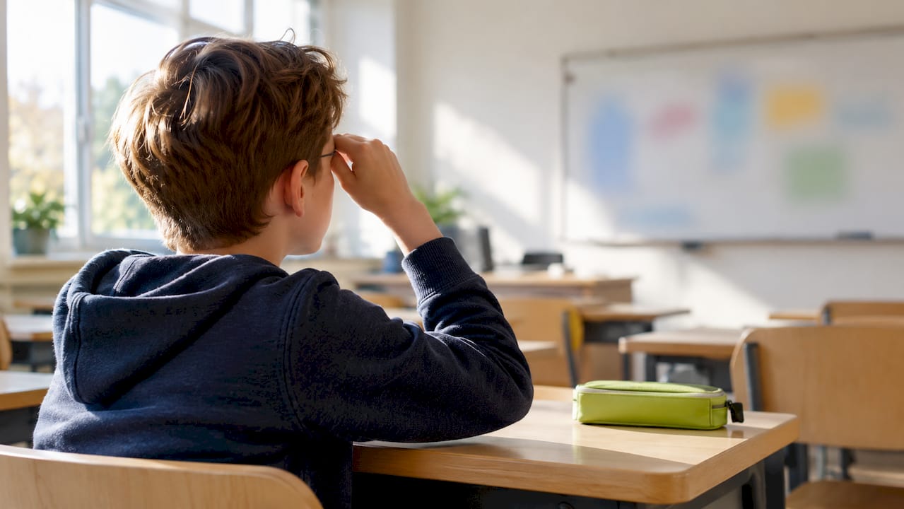 Ett barn kisar mot en avlägsen whiteboard i klassrummet