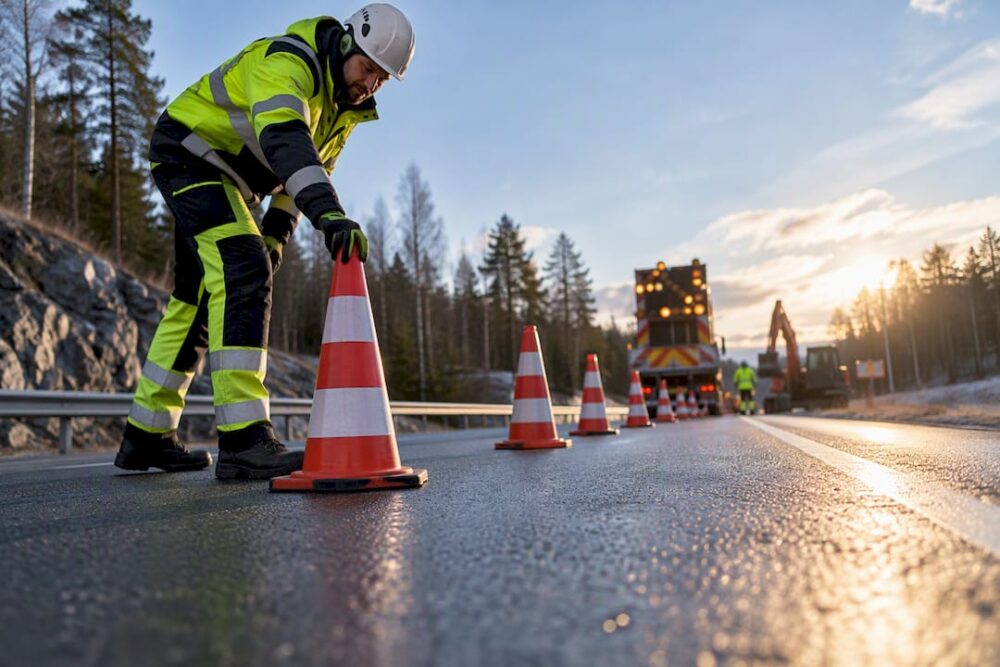 Ansvarig för utmärkning inspekterar vägarbetet