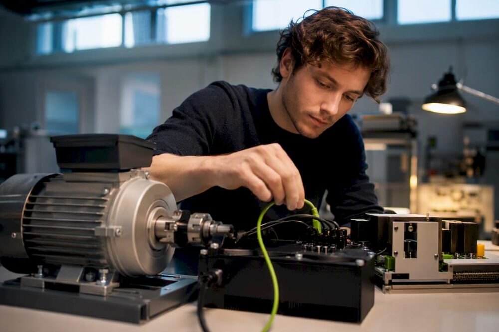 En student jobbar vid mätstationen i elkraftlaboratoriet