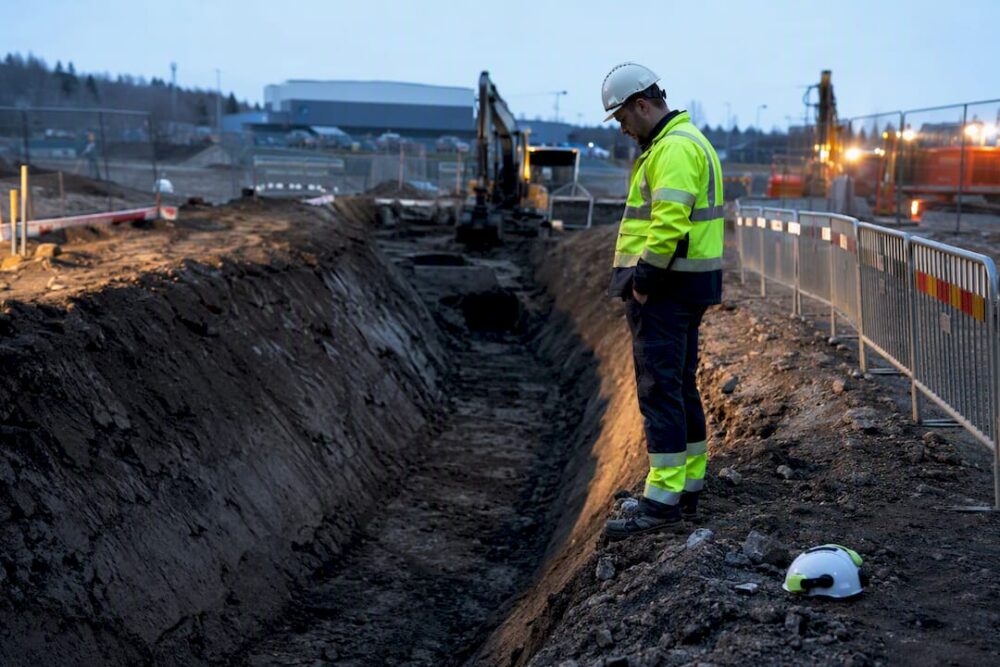 Arbetsledaren inspekterar schaktet på ett säkert sätt