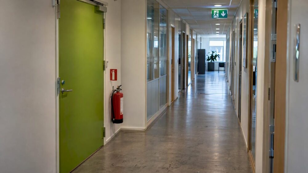 Fri utrymningsväg med branddörr och brandsläckare