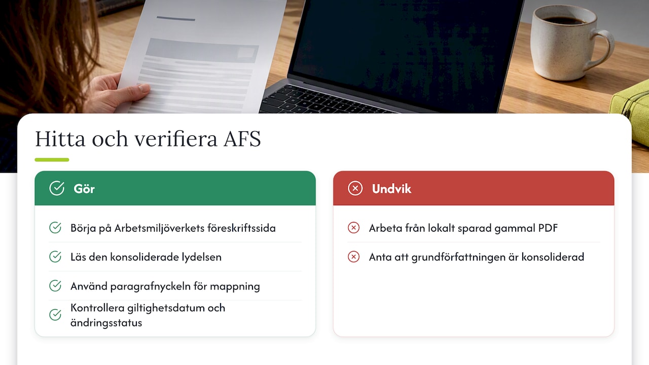 Så hittar, läser och tolkar du en aktuell AFS-föreskrift — overview diagram