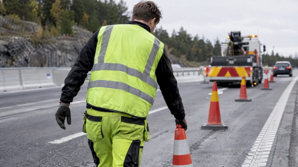 Vägarbetare ställer ut koner vid vägarbetet